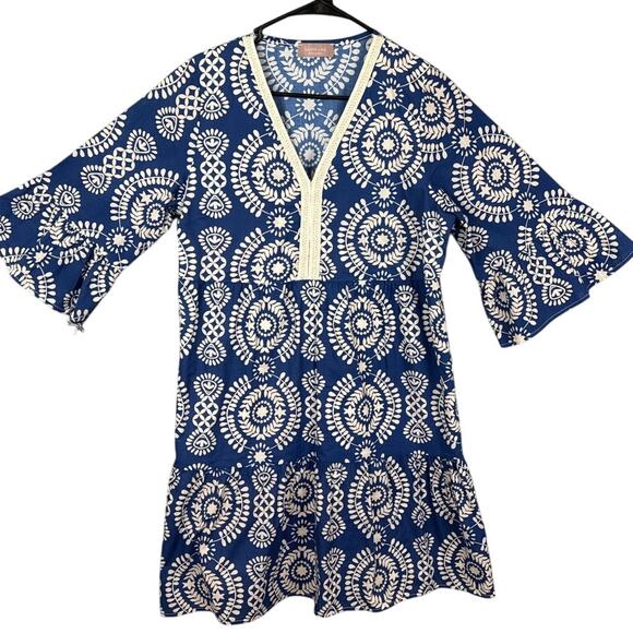 Saiph Lab Italy Women's Tiered Bell Sleeve Santorini Mini Dress White Blue L - Picture 1 of 8